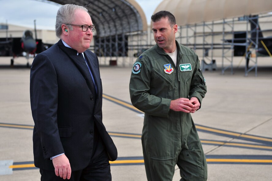Lt. Col. James Ladd, 335th Fighter Squadron assistant director of operations, explains flightline operations to Congressman George Holding, U.S. House of Representatives, April, 10, 2015, at Seymour Johnson Air Force Base, North Carolina. Holding, the representative for North Carolina’s 13th Congressional District, came to observe the operations involved in Exercise RAZOR TALON. (U.S. Air Force photo/Senior Airman John Nieves Camacho)