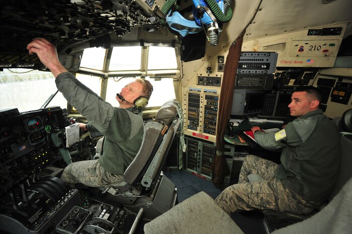 Master Sgts. Jeffery Dillon and Andrew Vierzba of the 166th Maintenance Squadron, Delaware Air National Guard maintain instruments aboard a C-130 aircraft at the New Castle ANG Base, Del., April 10, 2015. The aircraft will be flown April 11 during Operation Cyclone, a Delaware National Guard joint training exercise when Airmen and Soldiers will respond to a simulated tornado that has swept through New Castle County. Army Black Hawk helicopters will evacuate simulated wounded personnel to the ANG Base, with patients loaded onto C-130s for aerial evacuation. Separate from the exercise, on April 12, six C-130s will participate in the largest formation flown by the wing since departing for Southwest Asia in March 2003 to support Operation Iraqi Freedom. (U.S. Air National Guard photo by Staff Sgt. John Michaels)