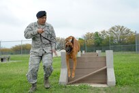 Staff Sgt. Michael Sengphradeth, 902nd Security Forces Squadron military working dog handler, leads his dog over an obstacle April 8, 2015 at Joint Base San Antonio-Randolph, Texas. The 902nd SFS military working dog handlers guide their dogs through an obstacle course daily to ensure their dog is prepared to jump over objects such as a wall, vehicle or window and to obey their trainer’s commands to do so in an emergency. (U.S. Air Force photo by Joel Martinez/ Released)