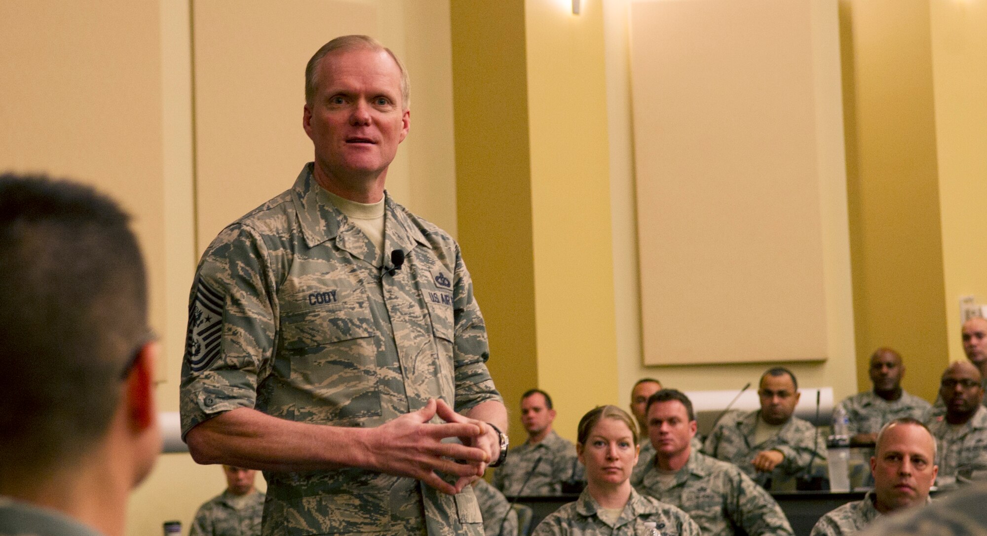 Chief Master Sgt. of the Air Force James Cody speaks at the Air Force District of Washington’s First Sergeant’s Symposium, April 9, 2015, on Joint Base Andrews, Md. The event included four days of training and provided insight into the responsibilities of being an additional duty first sergeant. (U.S. Air Force photo/Senior Airman Mariah Haddenham)