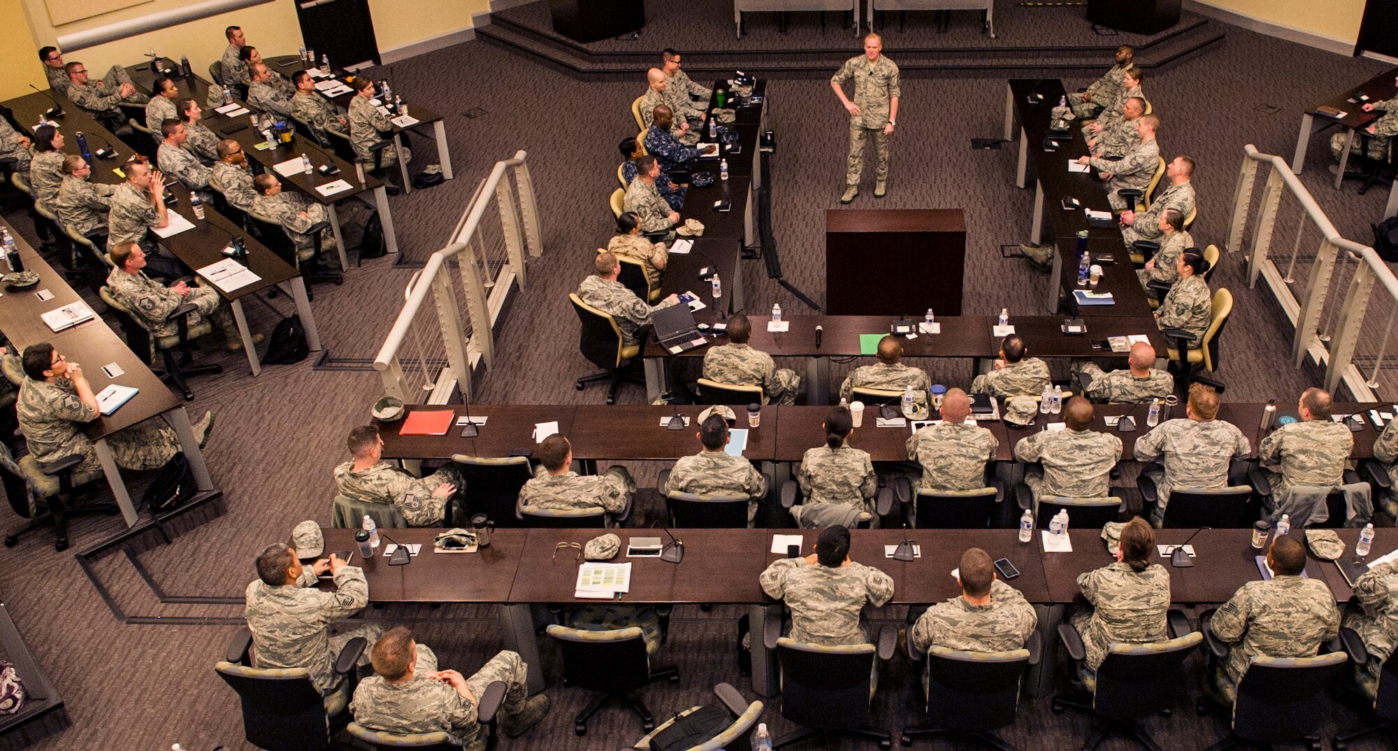 Chief Master Sgt. of the Air Force James Cody speaks at the Air Force District of Washington’s First Sergeant’s Symposium, April 9, 2015, on Joint Base Andrews, Md. Approximately 130 first sergeants attended the course. (U.S. Air Force photo/Senior Airman Mariah Haddenham)