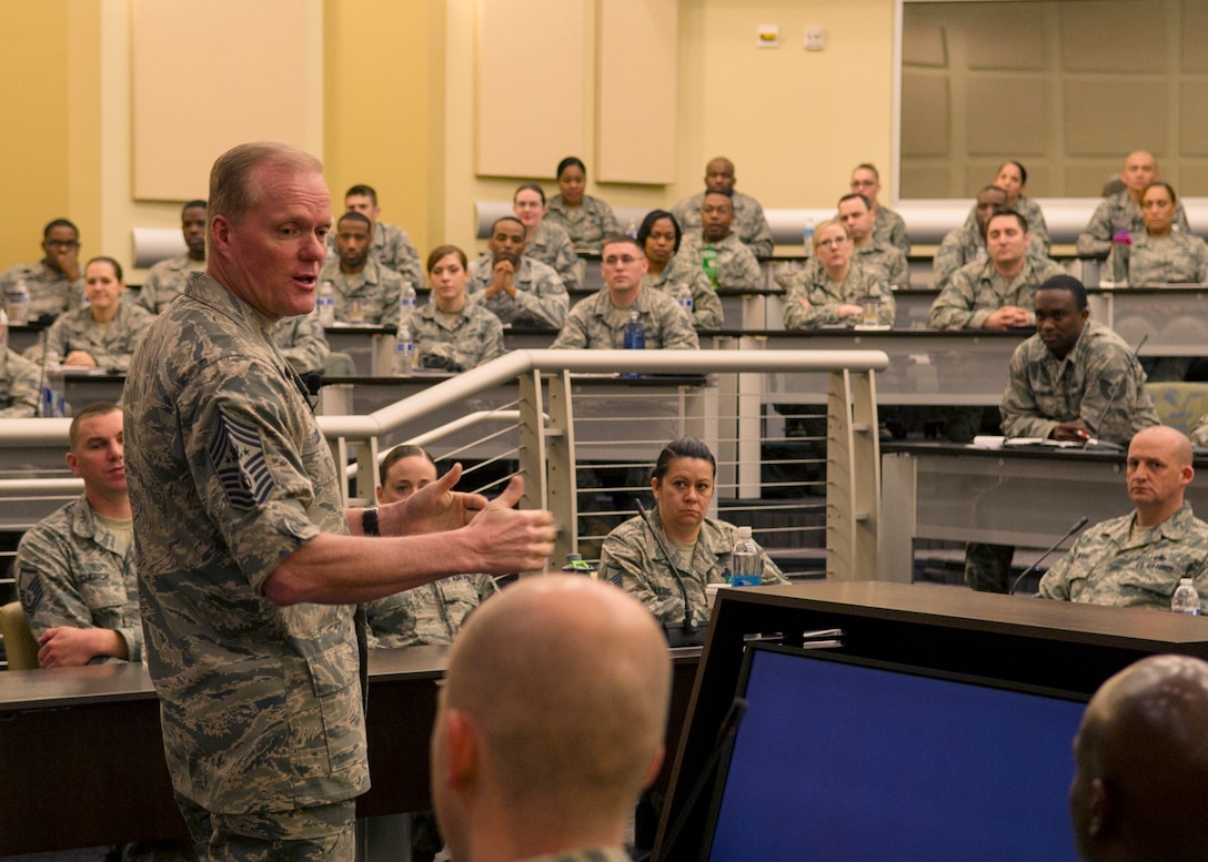 Chief Master Sgt. of the Air Force James Cody speaks at the Air Force District of Washington’s First Sergeant’s Symposium, April 9, 2015, on Joint Base Andrews, Md. The event included four days of training and provided insight into the responsibilities of being an additional duty first sergeant. (U.S. Air Force photo/Senior Airman Mariah Haddenham)