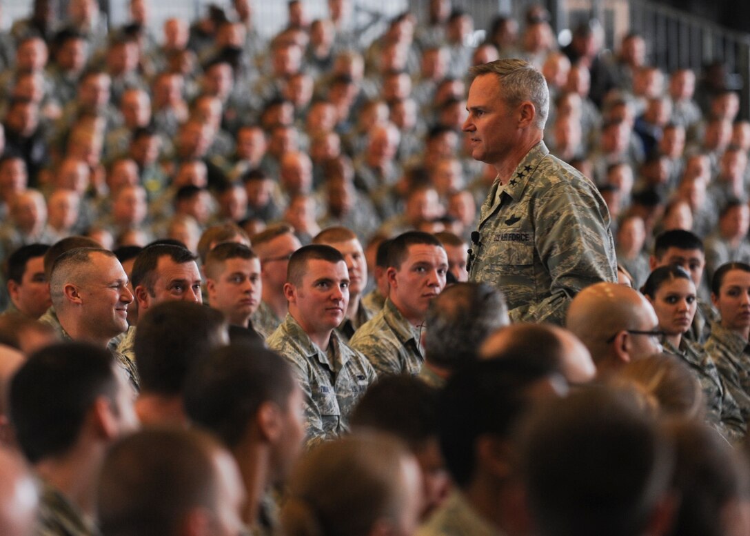 Lt. Gen. Chris Nowland, 12th Air Force commander, speaks with Airmen about mission priorities during his commander’s call at Ellsworth Air Force Base, S.D., April 8, 2015. Nowland met with servicemembers from various base organizations where he observed the many facets of Ellsworth’s mission. (U.S. Air Force photo by Senior Airman Anania Tekurio/Released)