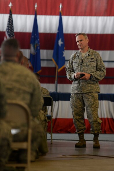 Lt. Gen. Chris Nowland, 12th Air Force commander, addresses to Airmen during an all call at Ellsworth Air Force Base, S.D., April 8. 2015. Nowland provided insight into Air Force issues and offered praise and gratitude to Airmen for executing the mission in a challenging environment. (U.S. Air Force photo by Airman 1st Class Rebecca Imwalle/Released)