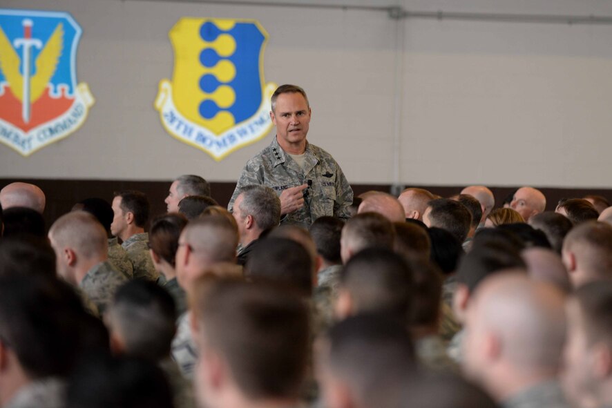 Lt. Gen. Chris Nowland, 12th Air Force commander, addresses Airmen during and all call at Ellsworth Air Force Base, S.D., April 8. 2015. During his speech, Nowland covered operational and cultural excellence, mission accomplishment and execution, as well as the importance of taking care of fellow Airmen. (U.S. Air Force photo by Airman 1st Class Rebecca Imwalle/Released)