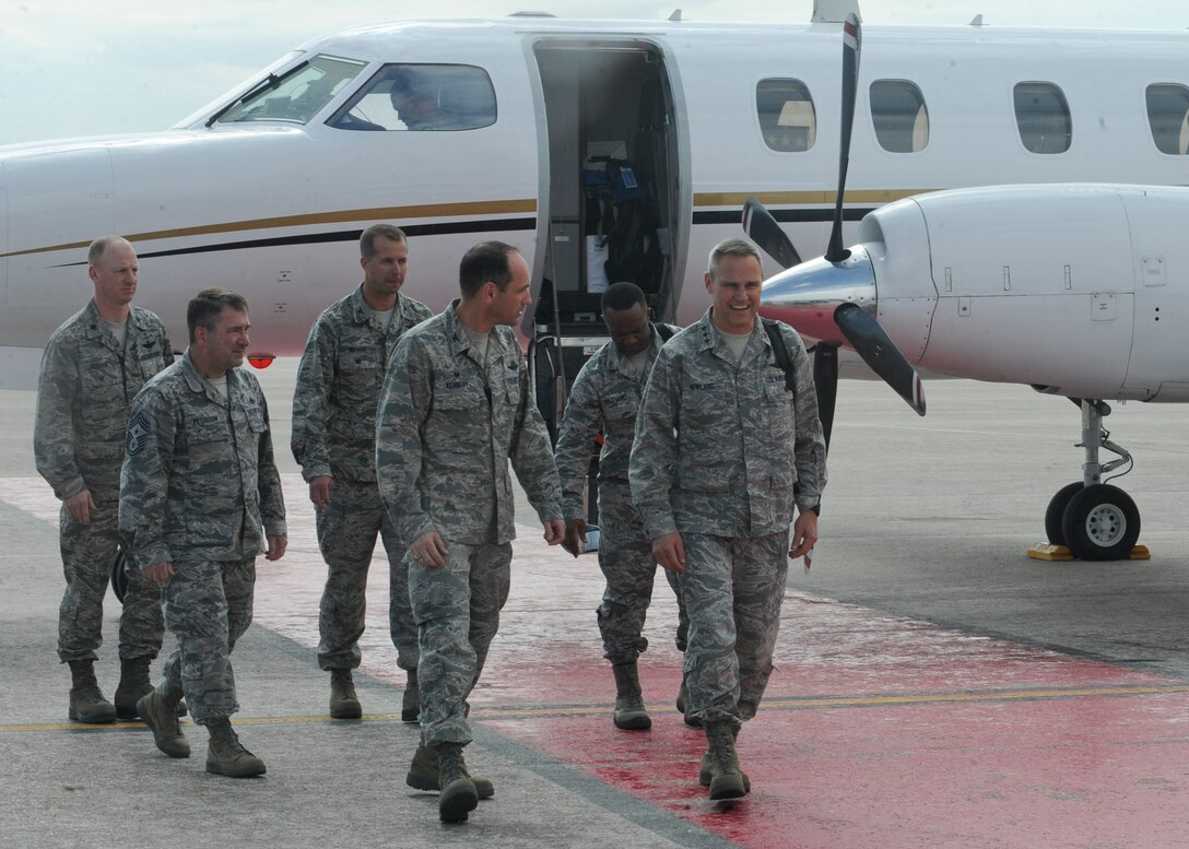 Col. Kevin Kennedy, 28th Bomb Wing commander, and base leadership welcome Lt. Gen. Chris Nowland, 12th Air Force commander, during his first visit at Ellsworth Air Force Base, S.D., April 7, 2015. Nowland visited nine other bases prior to touring Ellsworth, where he discussed mission priorities with Airmen and witnessed first-hand how they impact the success of the Wing’s mission. (U.S. Air Force photo by Senior Airman Anania Tekurio/Released)