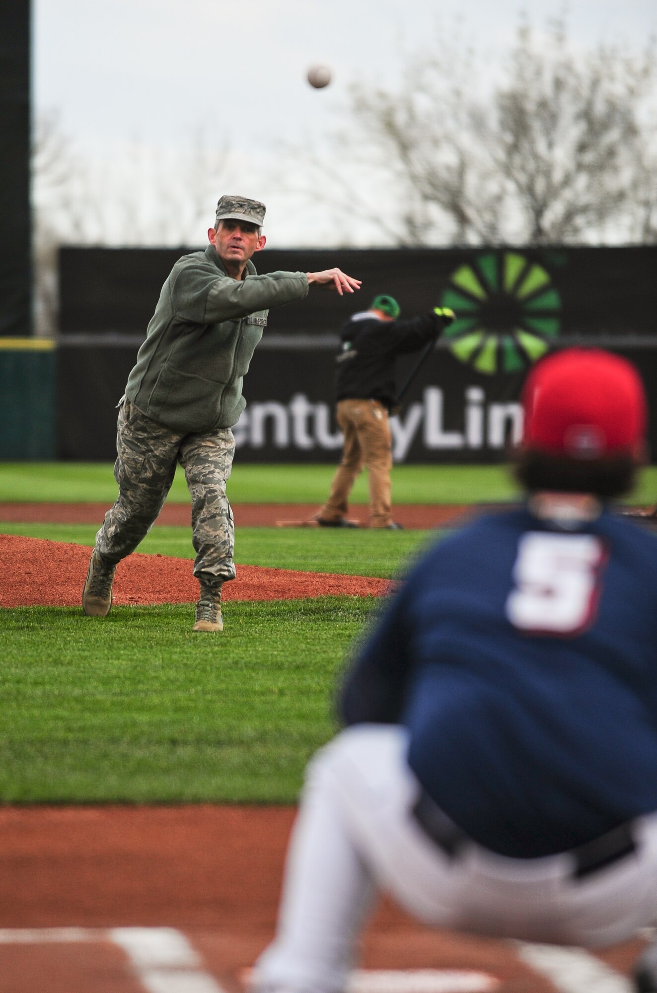 Air Force Reserve Col. Damon S. Feltman, 310th Space Wing Commander, throws out the season opener first pitch to start the baseball season for the Colorado Springs Sky Sox April 8, 2015, at the Security Service Field in Colorado Springs, Colo. The Sky Sox are the Triple-A minor league baseball affiliation of Major League Baseball's Milwaukee Brewers.
(U.S. Air Force photo/Tech. Sgt. Nicholas B. Ontiveros)