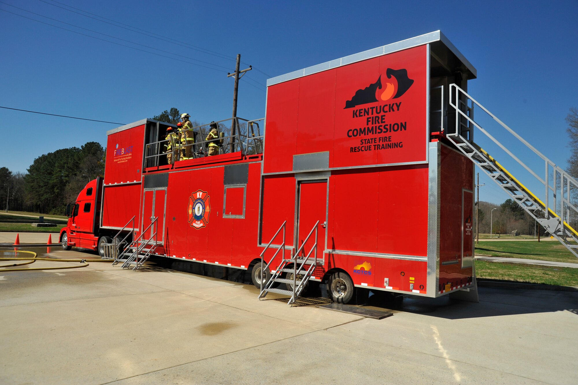During live fire training at AEDC on March 23-25, the Kentucky Fire Commission mobile live fire rescue structure shown in this photo was used to simulate real life fire scenarios for AEDC firefighters. (Photo by Rick Goodfriend)