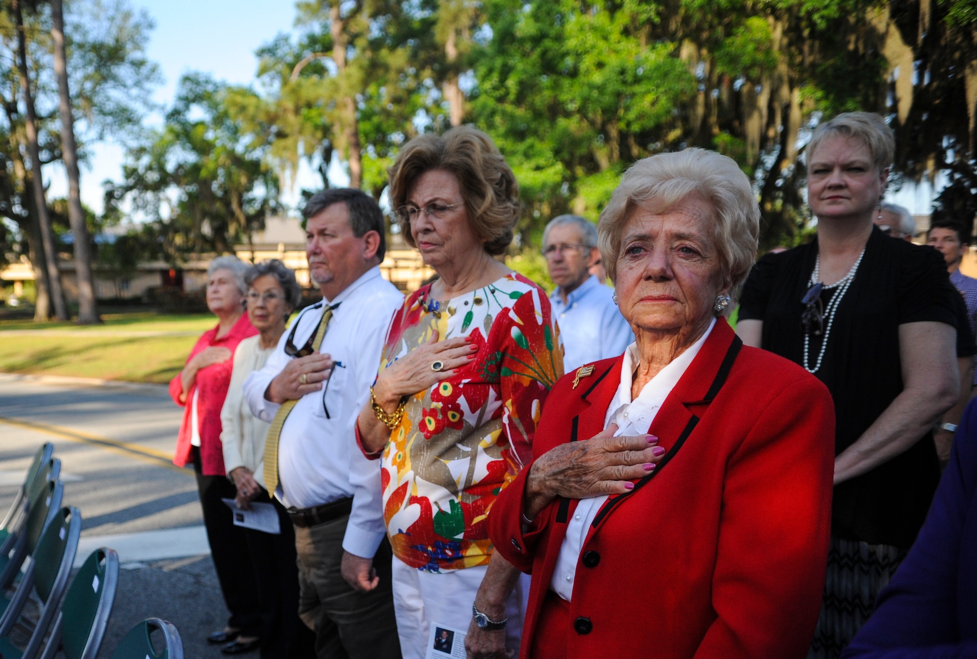 Members of the Garden Club of Georgia recite the Pledge of Allegiance during a Blue Star Memorial Marker Dedication ceremony April 7, 2015 at Moody AFB, Ga.  Blue Star markers are placed in prominent locations around the country such as military installations, Veterans Affairs facilities, and national cemeteries as a symbol of support for men and women serving in the Armed Forces. (U.S. Air Force photo by Andrea Jenkins/Released)