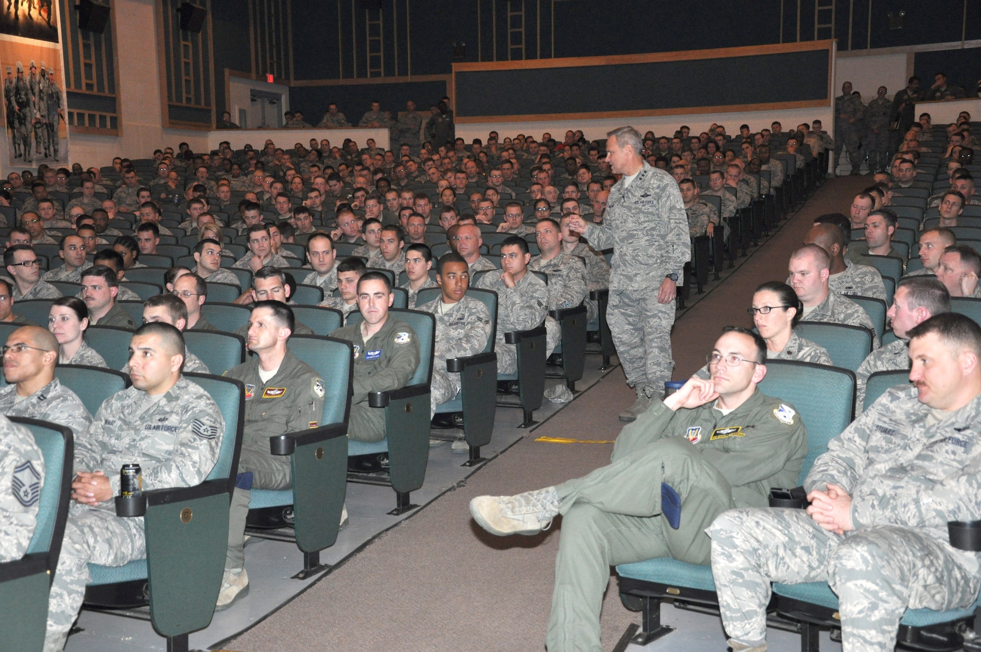 Lt. Gen. Chris Nowland, 12th Air Force and Air Forces Southern commander, shares a positive message regarding leadership and the four pillars of wellness with members of the 552nd Air Control Wing during an “All-Call” at the Team Tinker Auditorium as part of his visit to Tinker Air Force Base March 30. (Air Force photo by Darren D. Heusel)