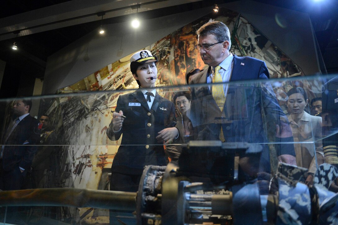 U.S. Defense Secretary Ash Carter tours West Sea Protection Hall on Pyeongtaek Naval Base, South Korea, April 10, 2015. 
