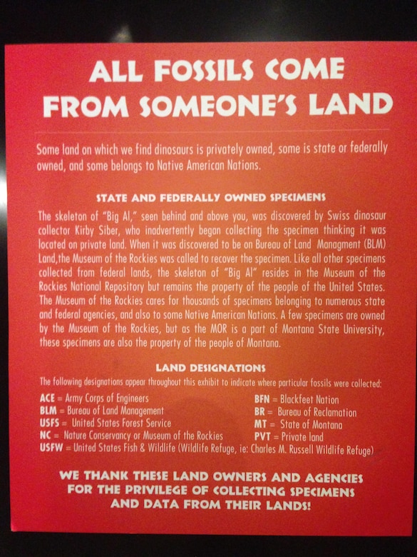 All fossils come from someone's land. Specimens found on federal lands reside in the Museum of the Rockies National Repository but remain the property of the people of the United States. The museum cares for thousands of specimens found on federal lands making them available to research and, when possible, public display serving to further knowledge and scientific discovery.