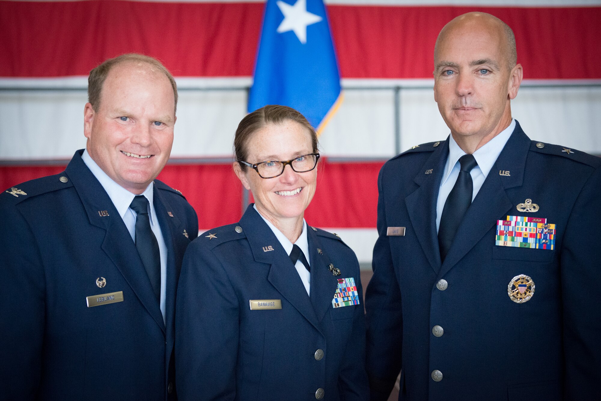 Col. Cam LeBlanc, 934th Maintenance Group commander, Brig. Gen. Maureen Banavige, and Brig. Gen. T. Glenn Davis pose for a photo after General Banavige's promotion ceremony during the April Unit Training Assembly, Minneapolis-St.Paul Air Reserve Station, Minn. Colonel LeBlanc was General Banavige's former commander and mentor at the 934th Airlift Wing. (U.S. Air Force photo by Staff Sgt. Carla Fernandez/Released)