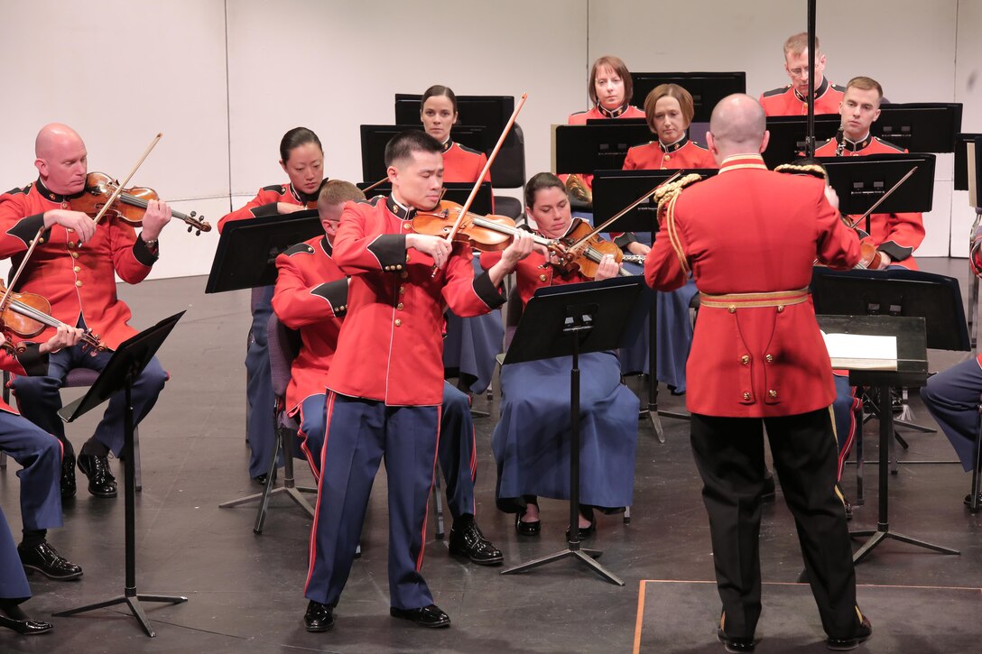 On April 12, 2015, the Marine Chamber Orchestra performed at Howard County Community College’s Horowitz Visual and Performing Arts Center in Columbia, Md. The program included Gioachino Rossini’s Overture to The Barber of Seville; Wolfgang Amadeus Mozart’s Violin Concerto No. 3 in G, K. 216; and Ludwig van Beethoven’s Symphony No. 2 in D, Opus 36. (U.S. Marine Corps photo by Gunnery Sgt. Amanda Simmons/released)