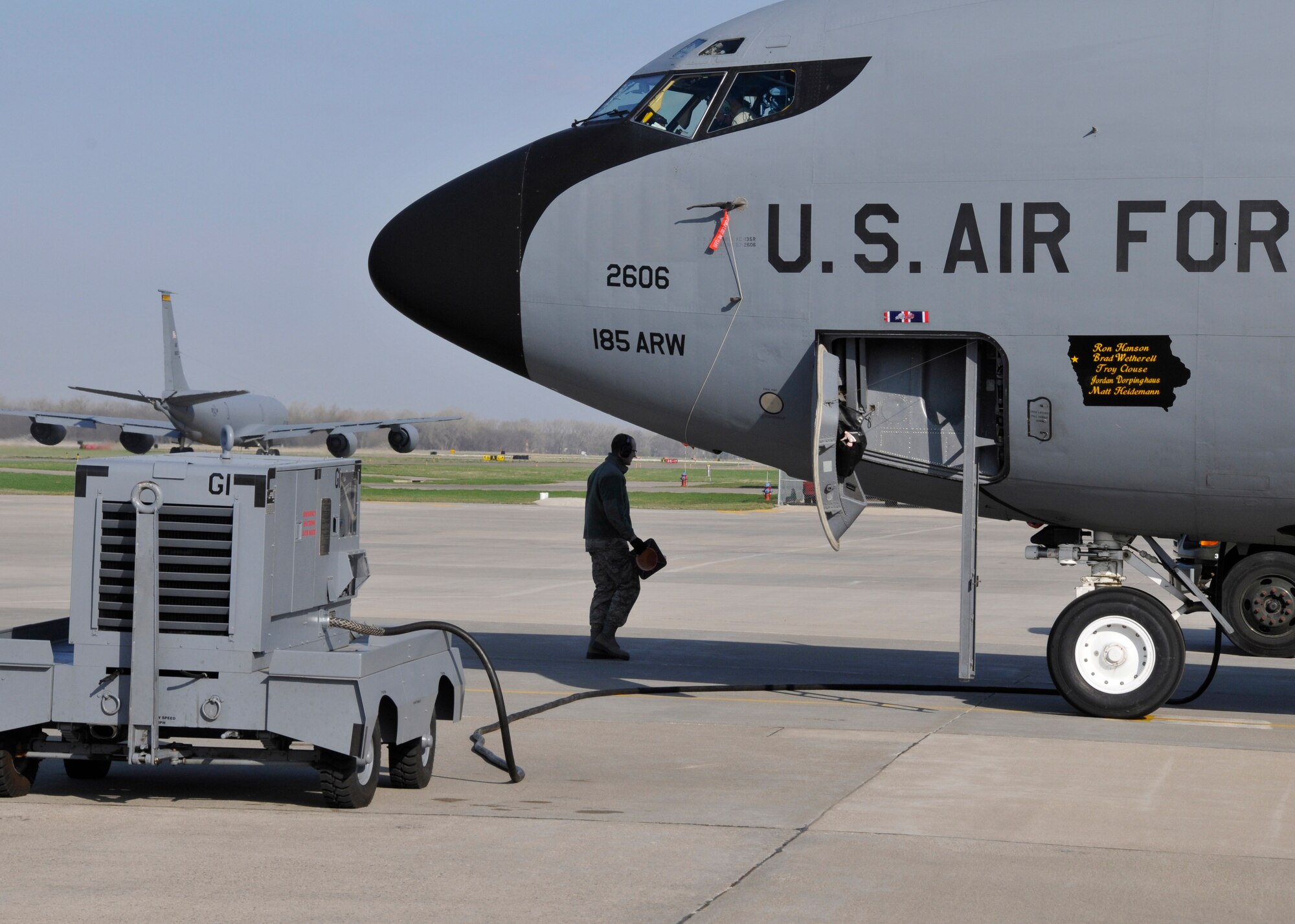 Senior Airman Jordan Dorpinghaus a Crew Chief from the 185th Air Refueling Wing prepares to launch a KC-135 at its home base in Sioux City, Iowa on April 12, 2015. The Iowa Air National Guard refueling wing, which operates daily with its 390 full-time and 956 part-time jobs, is one of the Sioux City’s largest employers. U.S. Air National Guard Photo by: Tech Sgt Oscar Sanchez 185th ARW Wing Public Affairs/Released
