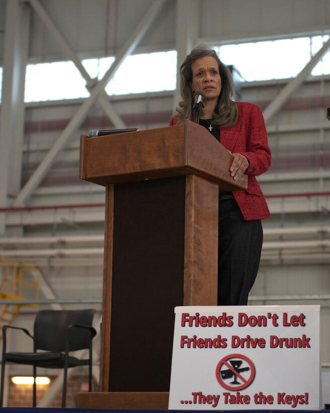 Margaret Walker, a volunteer for Mothers Against Drunk Driving, shares her story of losing her only son who was hit by an impaired driver in July 2002. Walker's message, which focused on how choices made can have irreversible effects, was part of Alcohol Awareness Month training during the Saturday morning unit training assembly, April 11. (Air National Guard photo by Tech. Sgt Michael Dickson)