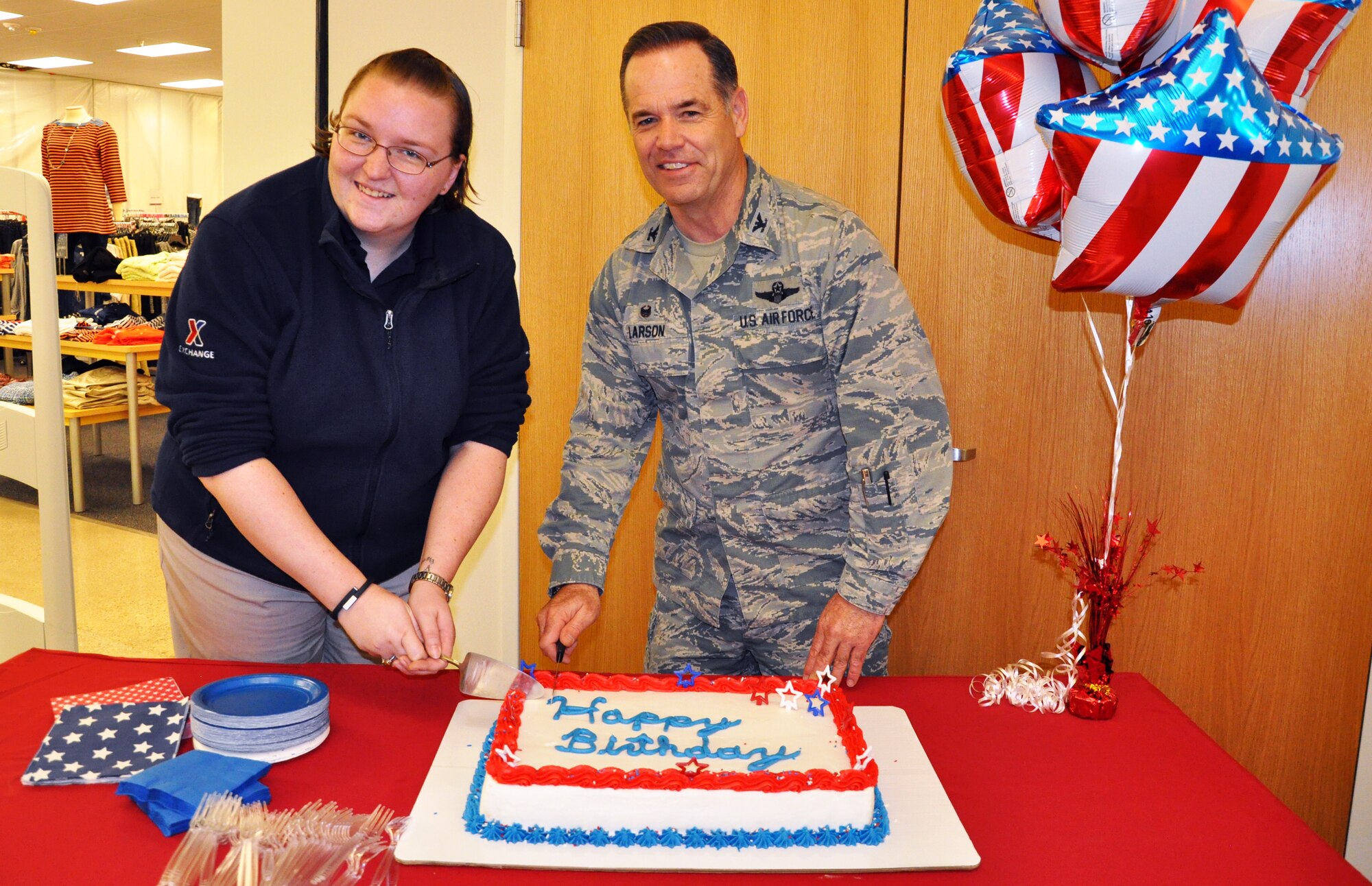 Col. Mark S. Larson, 931st Air Refueling Group Commander, and Michelle Senst, AAFES Military Clothing Manager, cut a cake commemorating the 67th birthday of the U.S. Air Force Reserve during the April unit training assembly, April 12, 2015. The AAFES management at McConnell hosted a birthday celebration honoring the Air Force Reserve presence at the base. In a joint directive signed by Gen. Omar Bradley, the Army Chief of Staff, and Gen. Carl Spaatz, the Air Force Chief of Staff, dated April 14, 1948 the Army Air Corps Reserve was transferred to the Air Force, officially becoming the Air Force Reserve. 