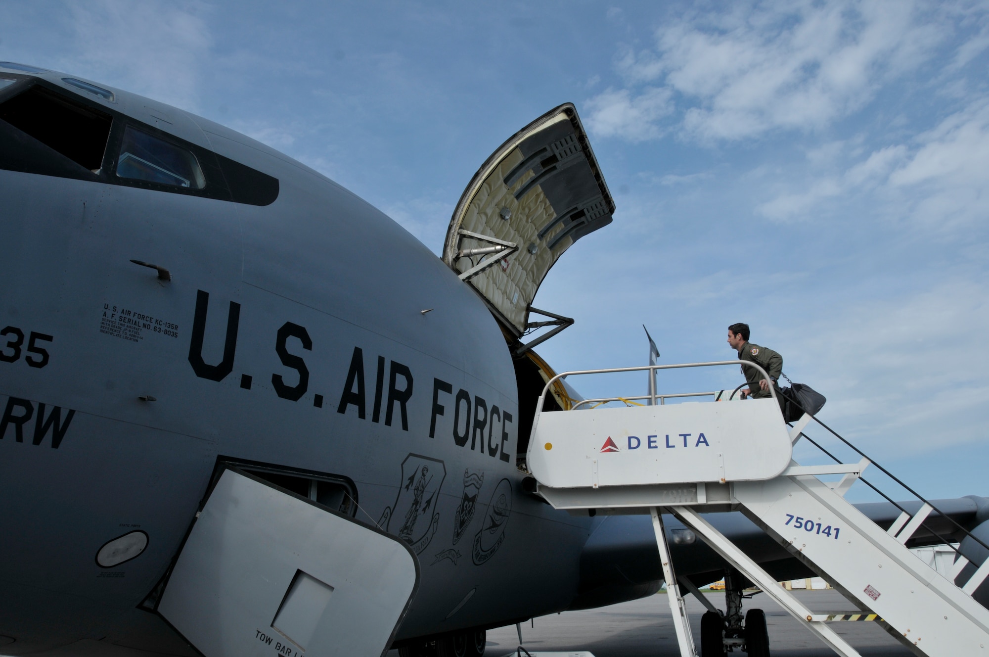 Members of the 187th Fighter Wing board a KC-135 Stratotanker for a deployment to Nellis AFB, Nev., Apr 11, 2015. The 187FW will support and train pilots in Air-to-Air combat tactics at the U. S. Air Force Weapons School, Nellis AFB. (U.S. Air National Guard photo by Tech. Sgt. Matthew Garrett / Released)