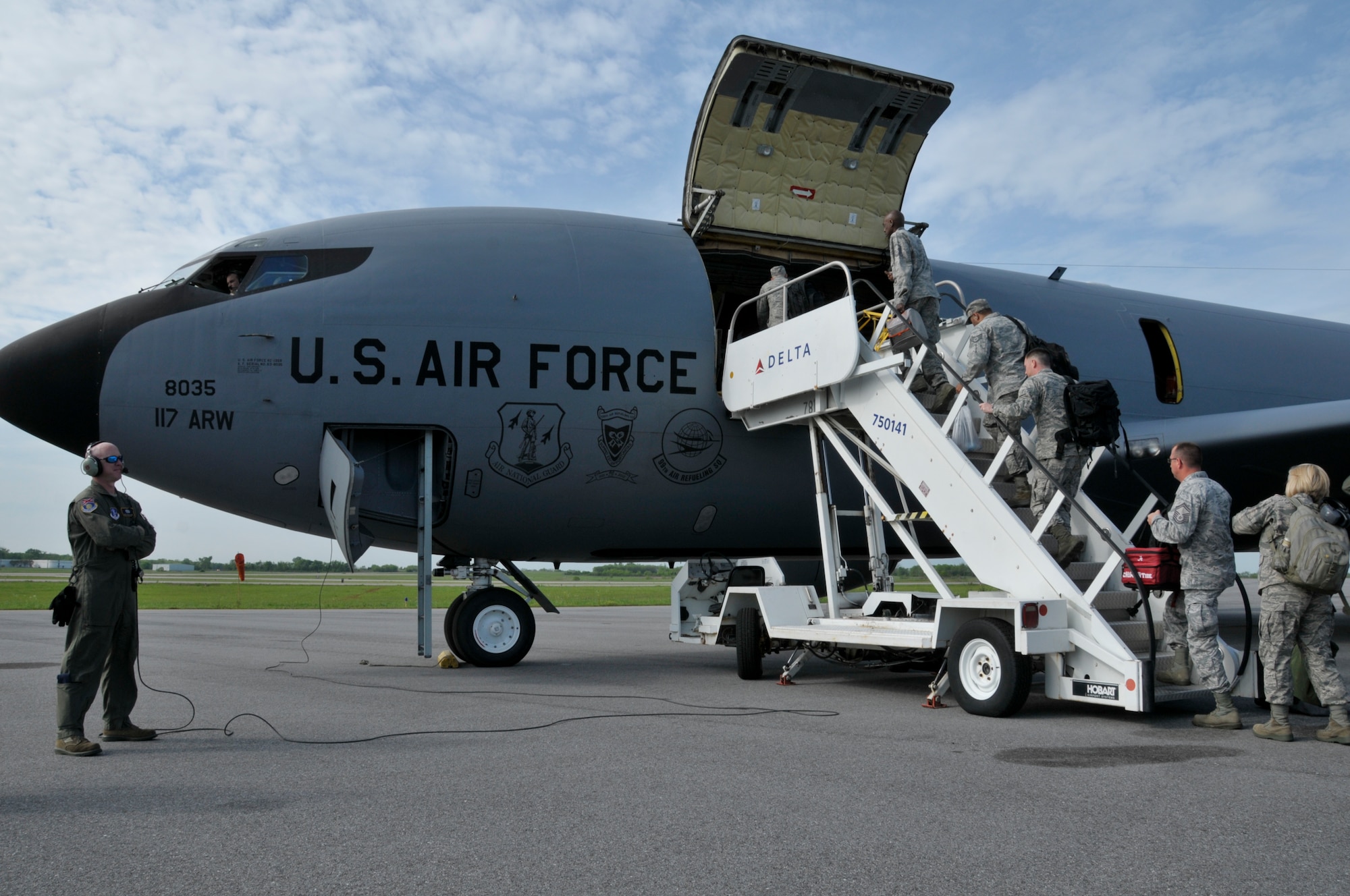 Members of the 187th Fighter Wing board a KC-135 Stratotanker for a deployment to Nellis AFB, Nev., Apr 11, 2015. The 187FW will support and train pilots in Air-to-Air combat tactics at the U. S. Air Force Weapons School, Nellis AFB. (U.S. Air National Guard photo by Tech. Sgt. Matthew Garrett / Released)