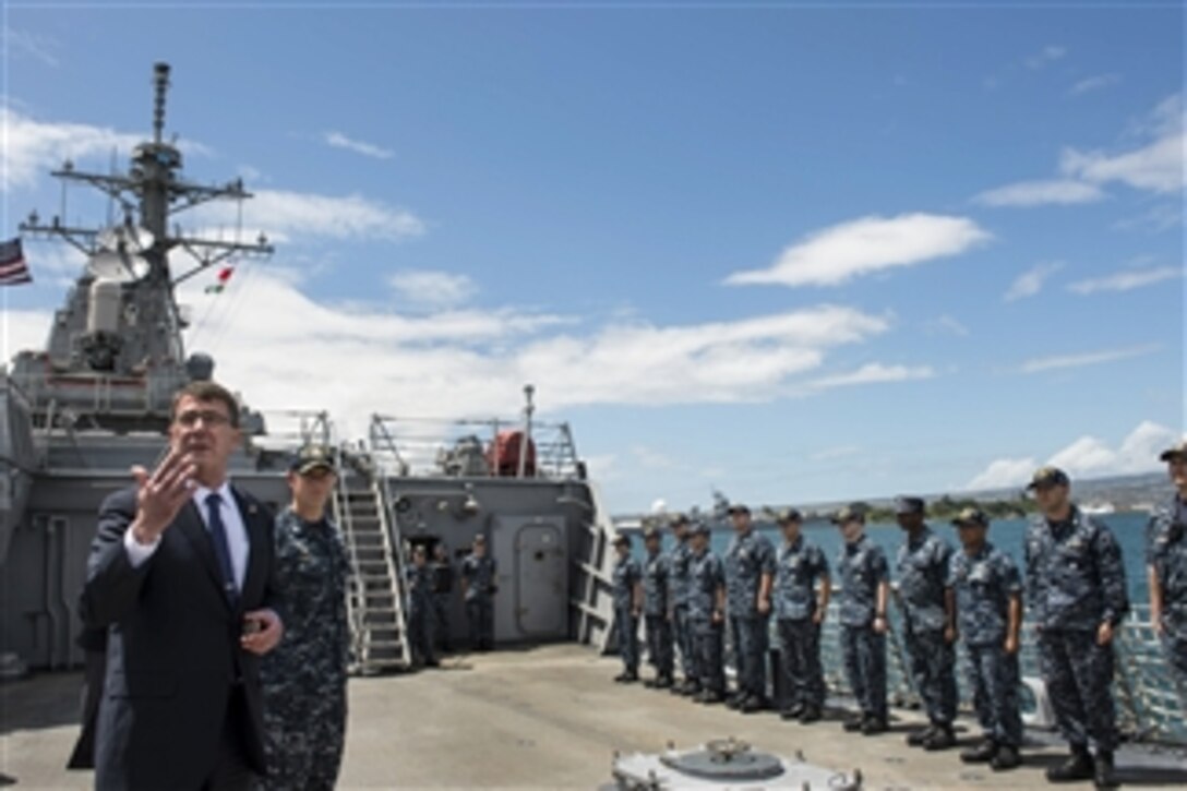 Defense Secretary Ash Carter speaks to sailors aboard USS John Paul Jones in Honolulu, April 11, 2015. Carter visited the ship during the last stop of his Asia-Pacific trip and thanked the sailors for their efforts to help maintain peace and security in the region. 