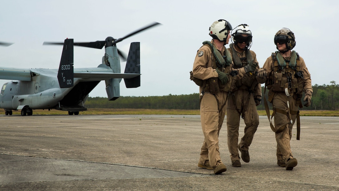 Air crew of an MV-22 Osprey discuss jump plan before an exercise organized by Air Delivery Platoon, 2nd Transportation Support Battalion aboard Marine Corps Base Camp Lejeune, N.C., April 9, 2015. The exercise included cargo drops and jumps performed by parachute riggers, who must perform at least one jump per year to meet unit standards. 