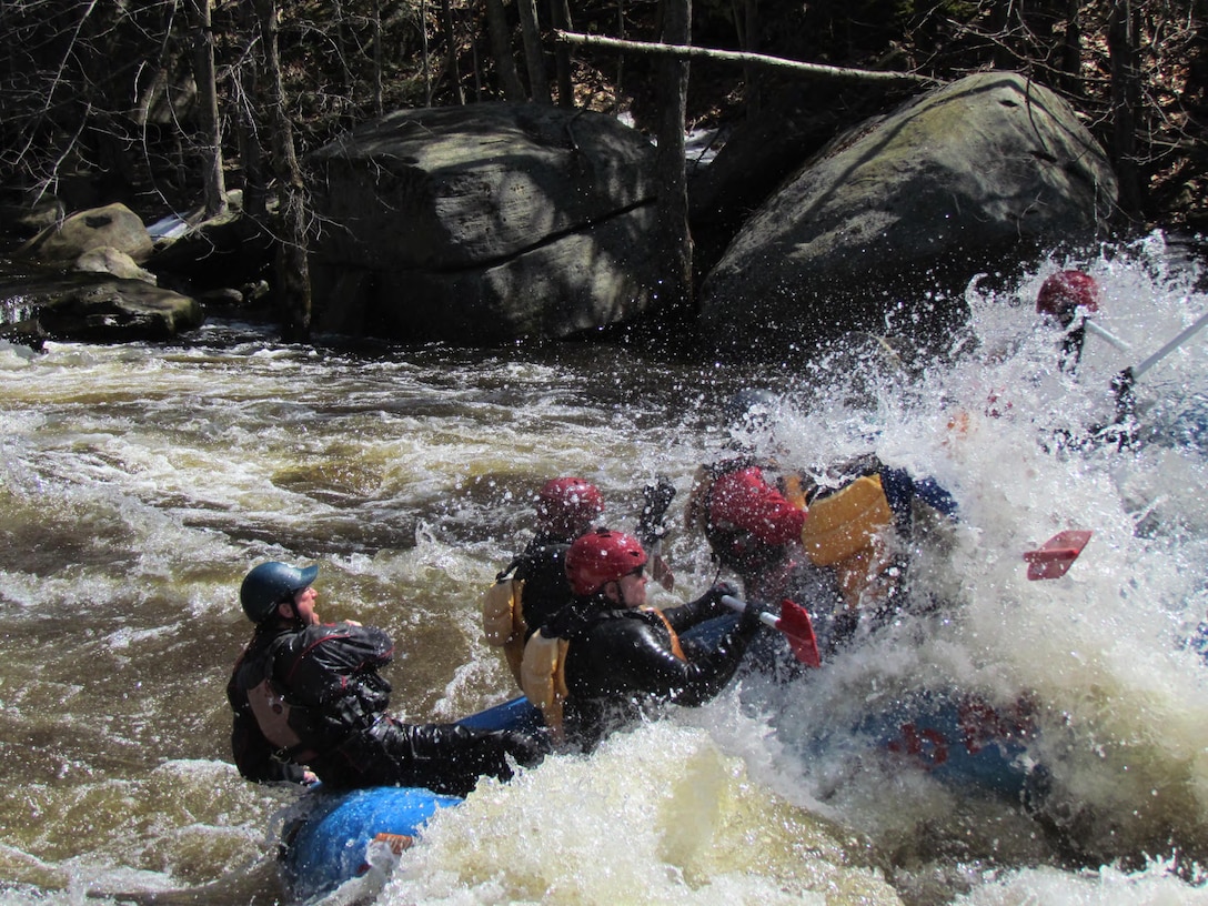 Paddlers hit whitewater rapids during the 52nd Annual River Rat Race April 12 on the Athol-Orange section of the Millers River in Massachusetts. Water was released by the U.S. Army Corps of Engineers from both Birch Hill and Tully Lake dams in Royalston with flows of approximately 1,100 cubic feet per second (cfs) from Birch Hill Dam and 300 cfs from Tully Lake Dam for the event, according to Project Manager Jeffrey Mangum in Royalston.