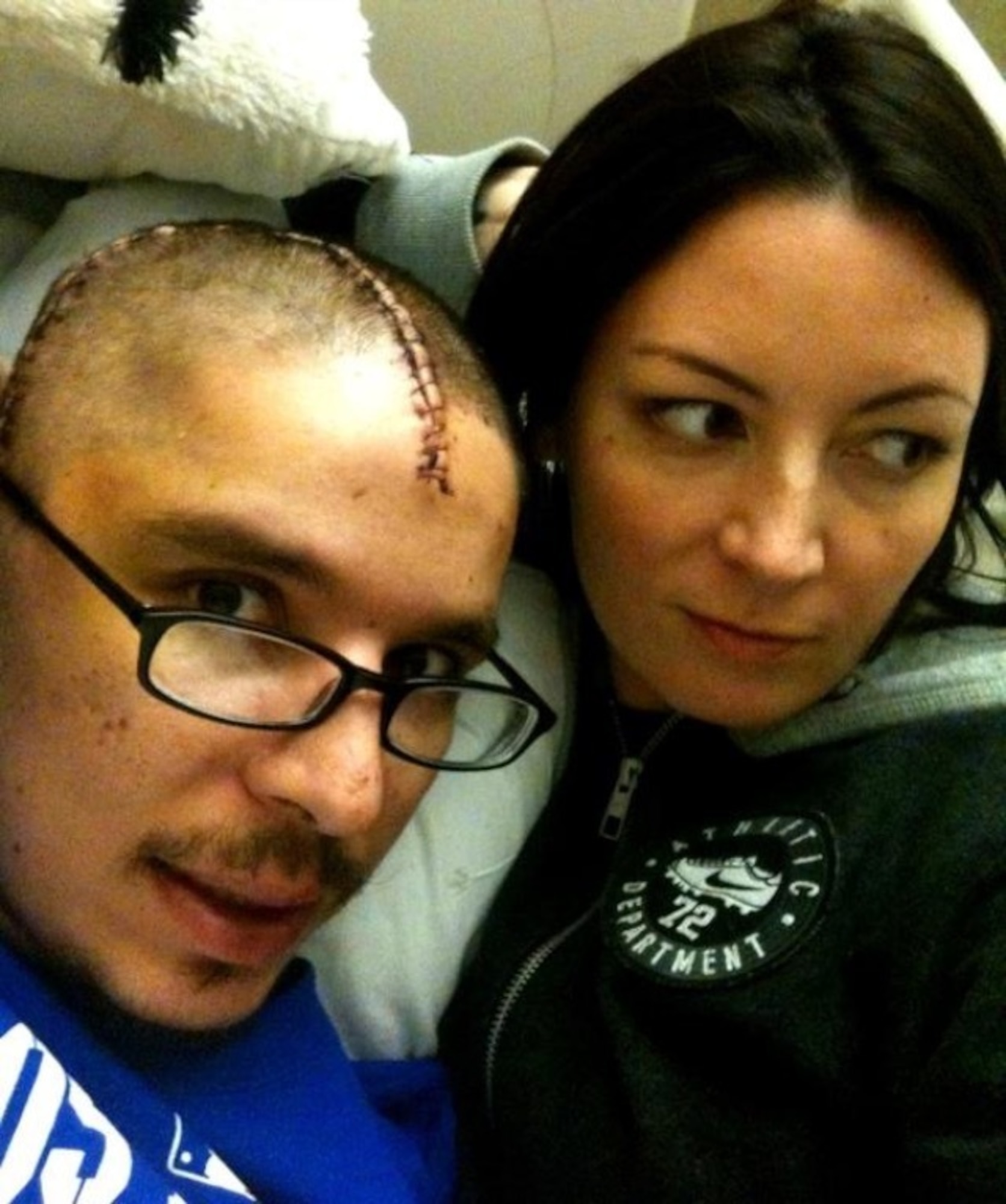Then Master Sgt. Phillip Sisneros takes a selfie with his wife, Master Sgt. Angela Sisneros, after waking up from a 30-day coma following a motorcycle accident in Las Vegas on Aug. 13, 2011. Angela stayed by Phillip’s side throughout the coma and the months of grueling rehab he would have ahead. (Courtesy photo/retired Master Sgt. Phillip Sisneros)