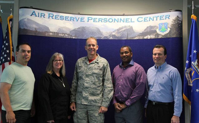 The Policy, Plans, Programs, Presentations and Process Improvement (P5I) Team from the Air Reserve Personnel Center will be awarded an annual Rocky Mountain Eagle Award in the Special Project or Achievement Team category during a ceremony to be held in conjunction with the Colorado Federal Executive Board Professional Development Seminar May 5, 2015, in Denver. Representing the P5I team are Orlando Medina, Sara Jenkins, Lt. Col. Bruce Winhold, Alric Nunerley and Scott Fromm. Nominations for the Rocky Mountain Eagle Awards are selected from all civilian, military and postal agencies and are open to federal employees within the State of Colorado at all grades of service from entry level through senior executive service. (U.S. Air Force photo/Tech. Sgt. Rob Hazelett)