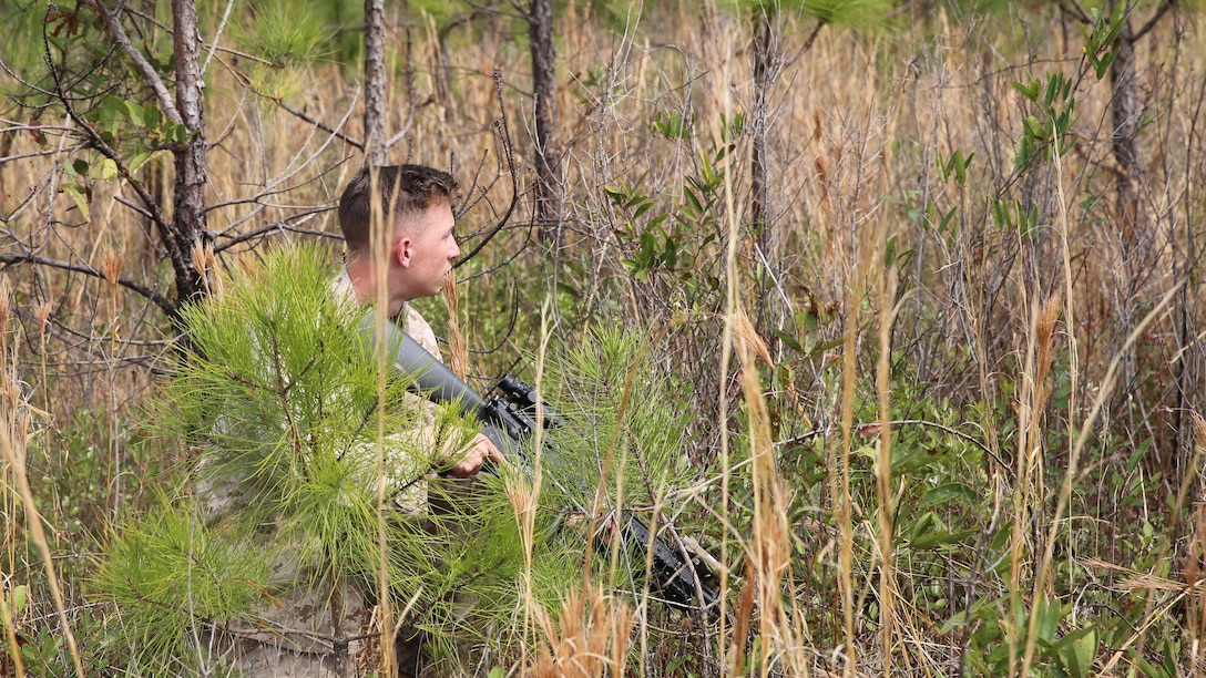 A Marine with 2nd Battalion, 2nd Marine Regiment, acts as an enemy during movement to contact training aboard Camp Lejeune, N.C., April 9, 2015. Once the Amphibious Assault Vehicles arrived at the range, the Marines moved into the forest and began the approach toward the simulated enemy stronghold. They were met with simulated ambushes in the trees and were required to engage the assaulting enemy and either capture or eliminate them before continuing. 