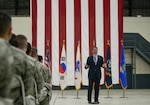 In this file photo, Secretary of Defense Ashton Carter speaks to a crowd of service members April 9, 2015, at Osan Air Base, Republic of Korea. Carter briefly spoke about the importance of the United States' role in Asia before taking questions from the crowd. 