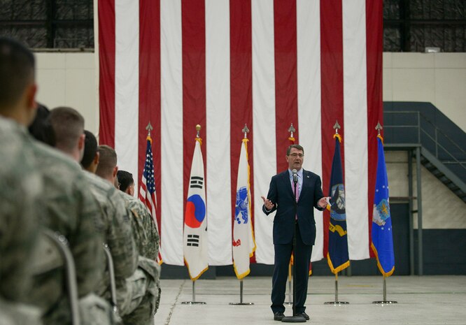 In this file photo, Secretary of Defense Ashton Carter speaks to a crowd of service members April 9, 2015, at Osan Air Base, Republic of Korea. Carter briefly spoke about the importance of the United States' role in Asia before taking questions from the crowd. 