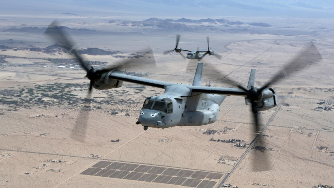 MV-22B Ospreys with Marine Medium Tiltrotor Squadron 163 conduct a training flight from Marine Corps Air Station Miramar, California, April 10. This training operation marks the last time the commanding officer of VMM-163 will participate in a squadron-sized event before relinquishing command. 