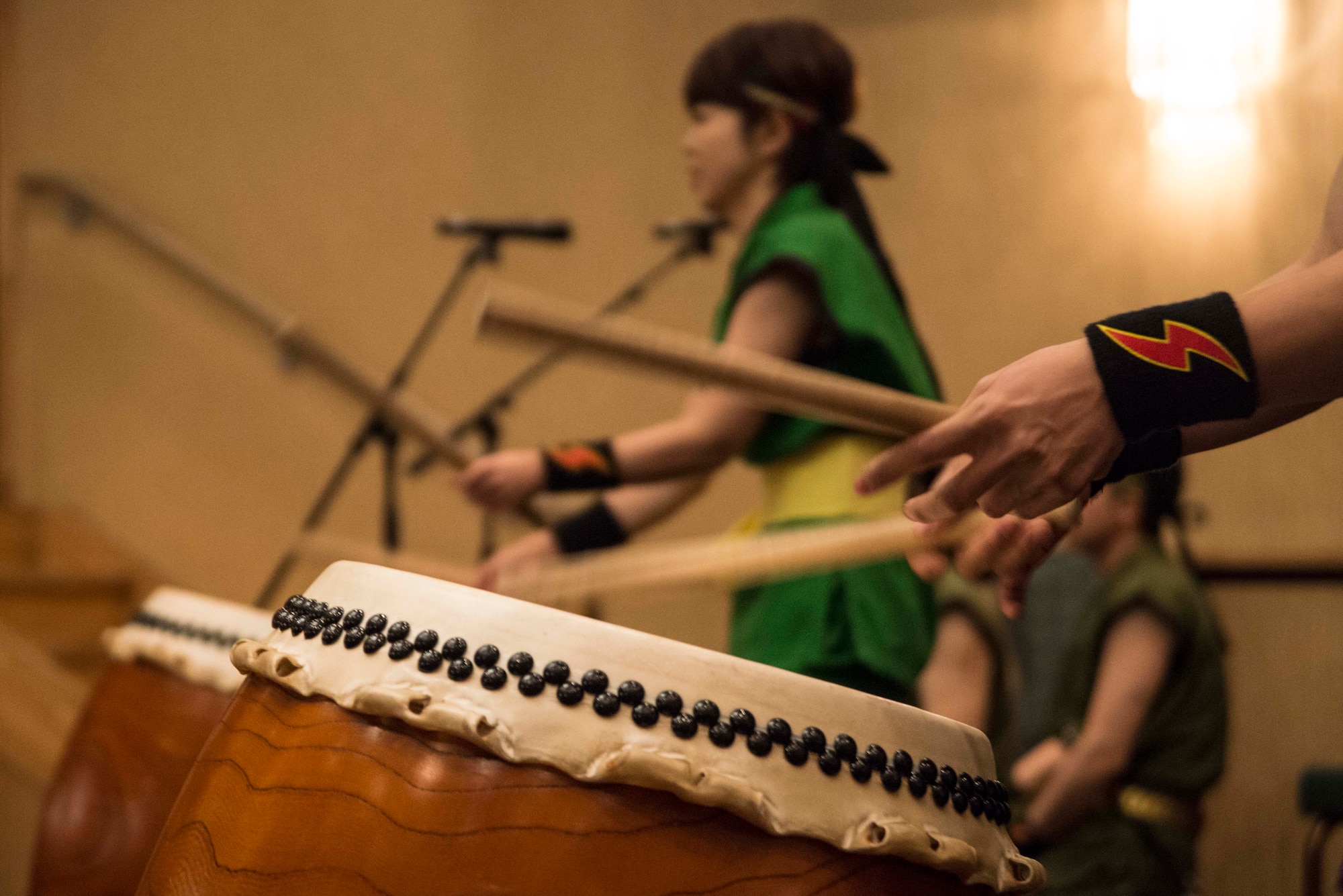 Taiko drummers perform during the opening ceremony of Japan Day at Misawa Air Base, Japan, April 11, 2015. This was the 28th Annual Japan Day event which allows Misawa service members and their families to experience their host nation’s culture. (U.S. Air Force photo by Staff Sgt. Derek VanHorn/Released)