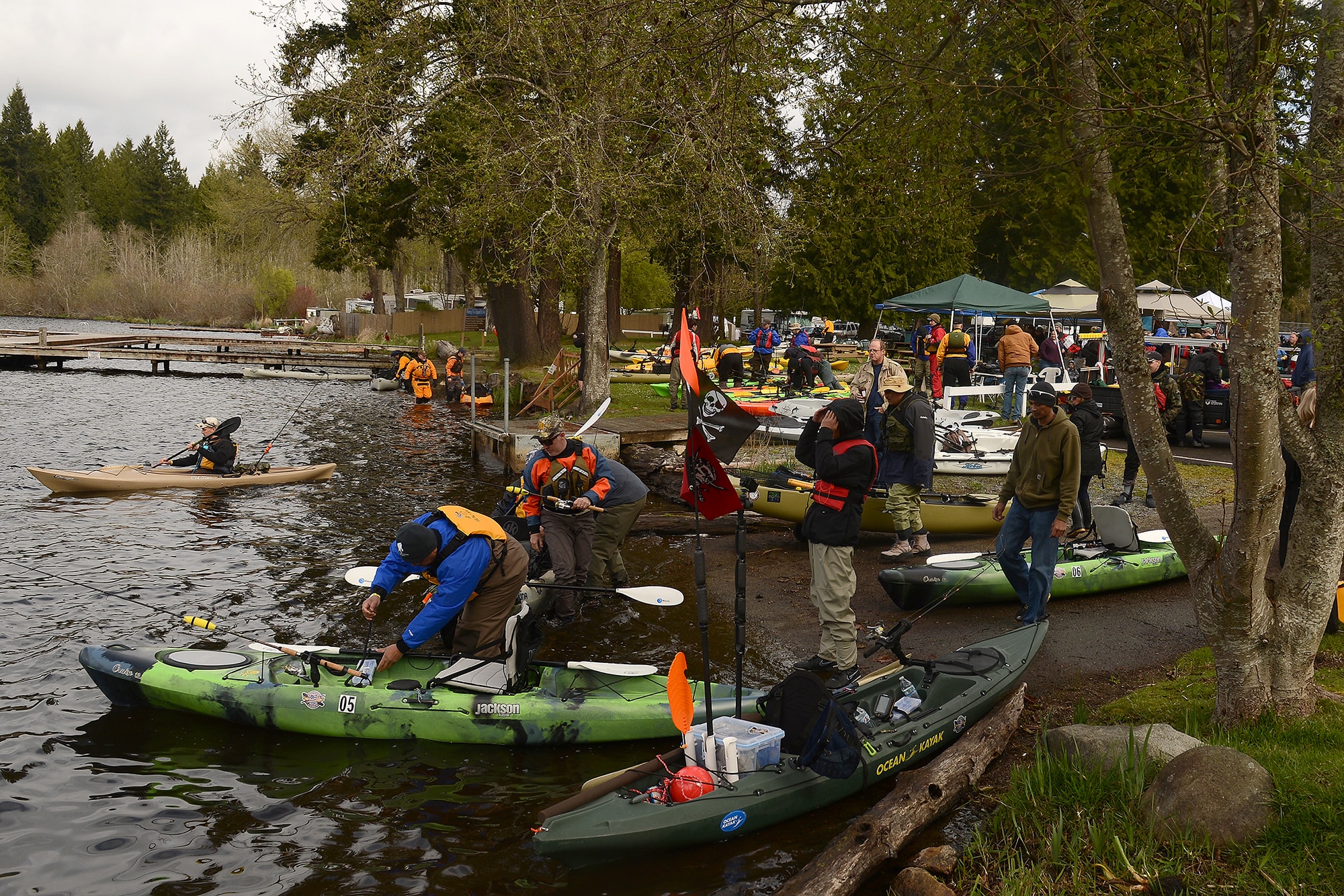 More than 40 local area veterans participated in the Heroes on the Water kayak fishing outing at Tanwax Lake in Graham, Wash., April 11, 2015. Heroes on the Water is a non-profit organization that provides veterans and first responders with free opportunities for fishing. Participants receive basic kayak fishing and paddling instruction, angling clinics and paddling classes for participants with skill sets ranging from beginners to the most experienced paddlers. For more information on Heroes on the Water visit\ www.facebook.com/HeroesOnTheWaterNWest or email nwest@heroesonthewater.org. (U.S. Air Force photo by/Staff Sgt. Tim Chacon)