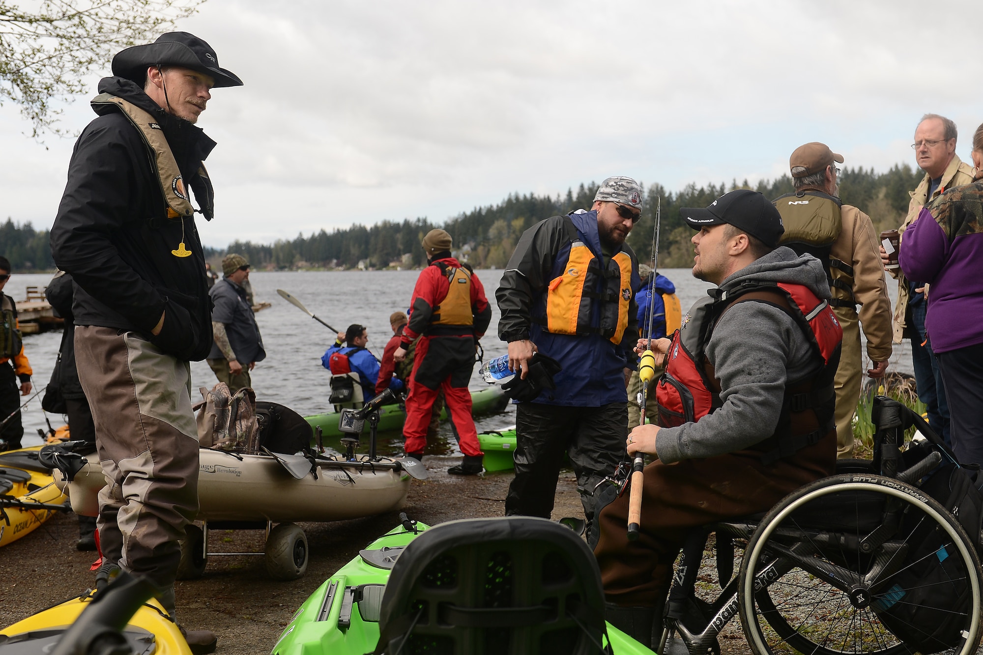 More than 40 local area veterans participated in the Heroes on the Water kayak fishing outing at Tanwax Lake in Graham, Wash., April 11, 2015. Heroes on the Water is a non-profit organization that provides veterans and first responders with free opportunities for fishing. Participants receive basic kayak fishing and paddling instruction, angling clinics and paddling classes for participants with skill sets ranging from beginners to the most experienced paddlers. For more information on Heroes on the Water visit\ www.facebook.com/HeroesOnTheWaterNWest or email nwest@heroesonthewater.org. (U.S. Air Force photo by/Staff Sgt. Tim Chacon)