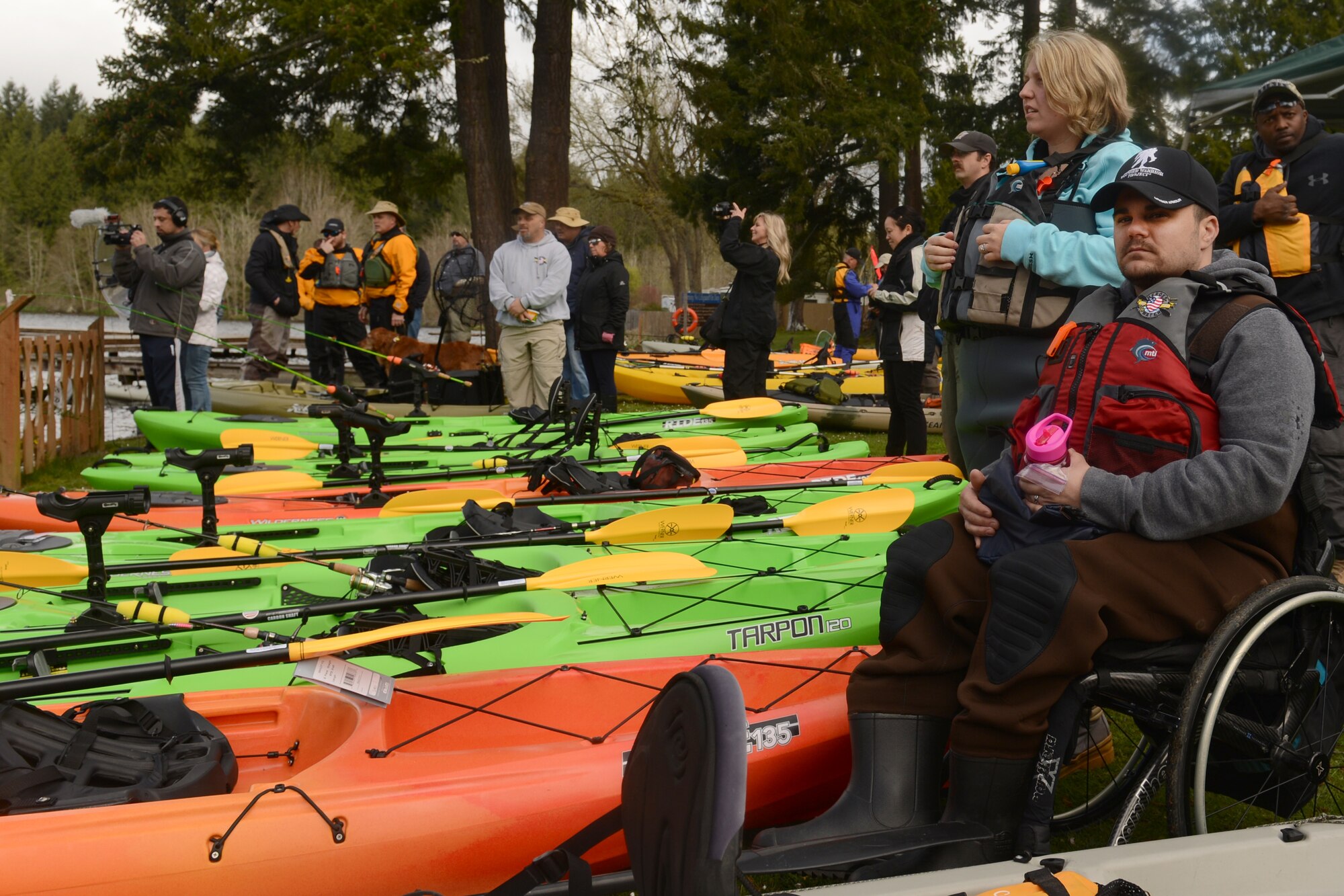 More than 40 local area veterans participated in the Heroes on the Water kayak fishing outing at Tanwax Lake in Graham, Wash., April 11, 2015. Heroes on the Water is a non-profit organization that provides veterans and first responders with free opportunities for fishing. Participants receive basic kayak fishing and paddling instruction, angling clinics and paddling classes for participants with skill sets ranging from beginners to the most experienced paddlers. For more information on Heroes on the Water visit\ www.facebook.com/HeroesOnTheWaterNWest or email nwest@heroesonthewater.org. (U.S. Air Force photo by/Staff Sgt. Tim Chacon)
