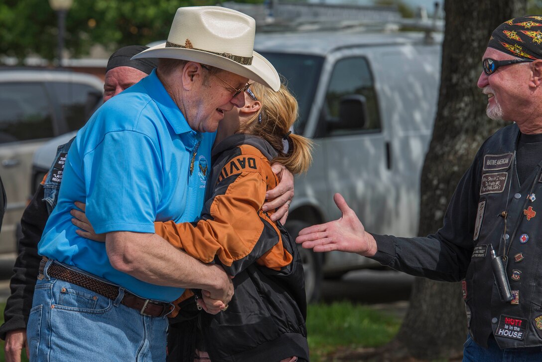 Harold Fritz meets with people during the Medal of Honor Parade in Gainesville, Texas, April 11, 2015. Fritz along with 15 other Medal of Honor recipients participated in the parade. Afterwards, those who attended the parade were invited to a book-signing event. (U.S. Air Force photo by Senior Airman Kyle Gese/Released) 