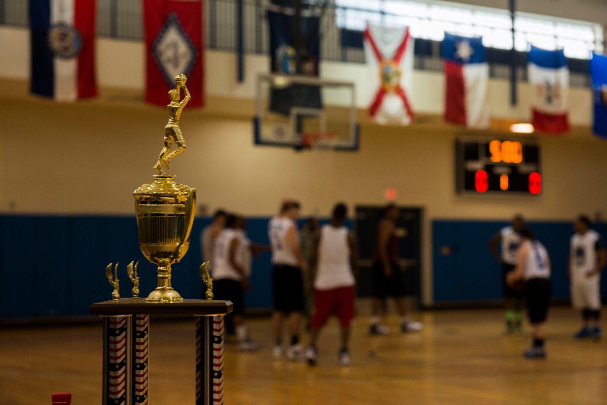 An intramural basketball trophy rests on display during Moody Air Force Base’s intramural basketball championship game April 8, 2015, at the Freedom 1 Fitness Center.  The 824th Base Defense Squadron won the double elimination styled tournament against the 23d Logistics Readiness Squadron after two wins to take home the trophy. (U.S. Air Force photo by Airman 1st Class Dillian Bamman/Released)