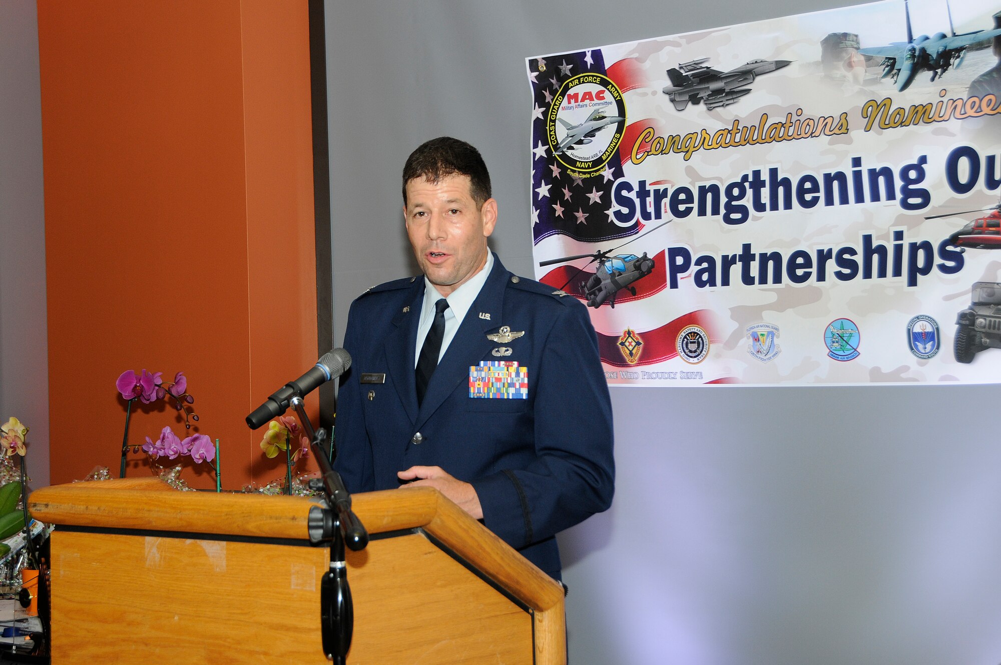 Col. Michael Hernandez, 482nd Fighter Wing vice commander and host, wrapped-up the South Dade Chamber of Commerce Military Affairs Committee's 16th Annual Awards Banquet with closing remarks on April 11. Members from the 482nd Fighter Wing, Special Operations Command South, U.S. Coast Guard Maritime Safety and Security Team, Florida Air National Guard and local community came together to honor the outstanding service of military and civilian members here. (Senior Airman Aja Heiden) 