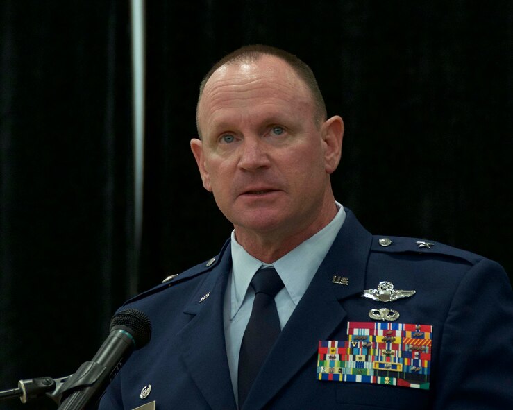Brig. Gen. Christian G. Funk, 482nd Fighter Wing commander, addresses the audience during his promotion ceremony at Homestead Air Reserve Base, Fla., April 11.  Funk delivered a message on leadership by establishing integrity, displaying professional competence, and creating relationships. (U.S. Air Force photo by Staff Sgt. Jaimi L. Upthegrove)