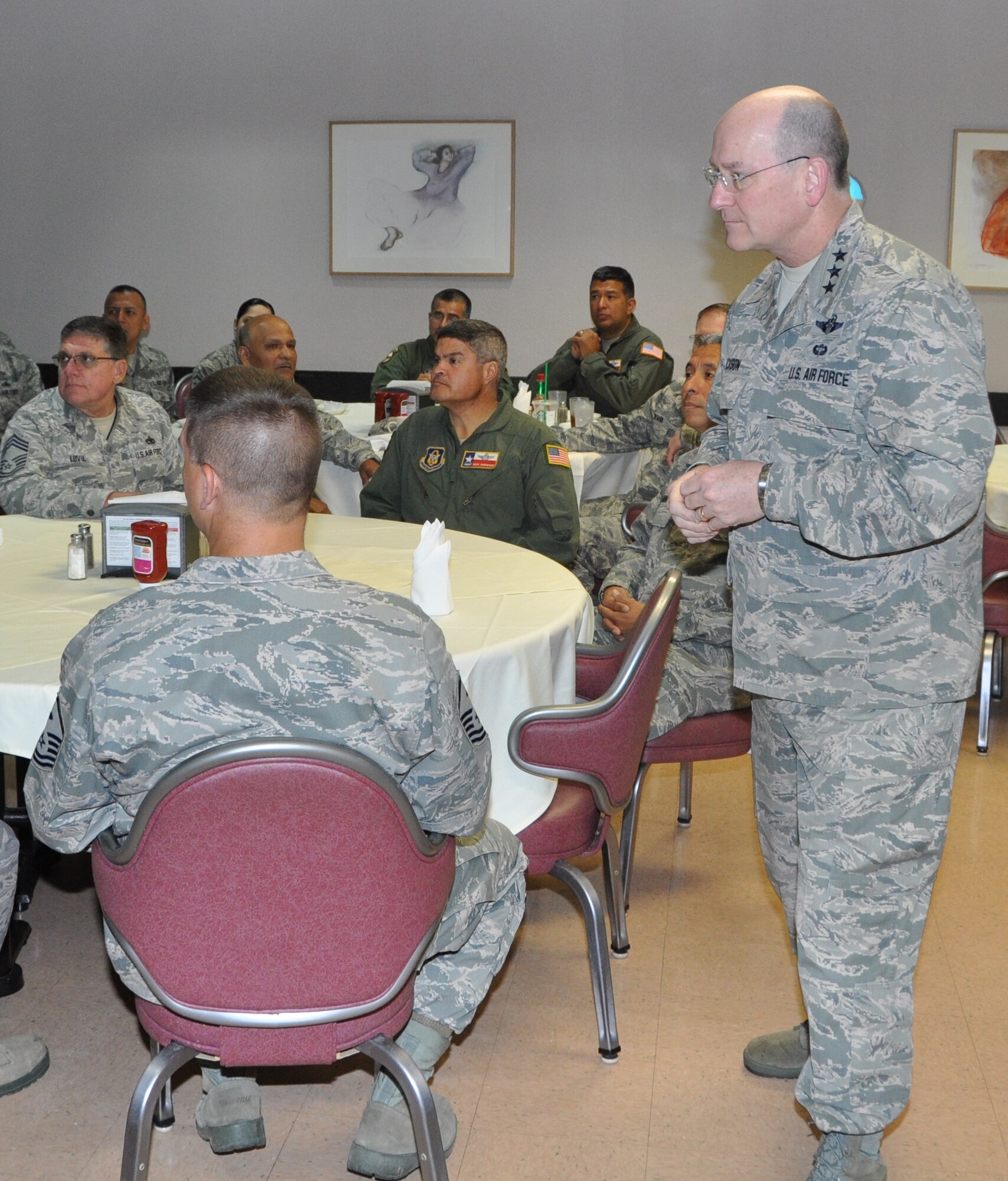Lt. Gen. James Jackson, the Chief of Air Force Reserve and Commander of Air Force Reserve Command, listens intently to questions from members at a breakfast group with First Sgts. and Chiefs from the 433rd Airlift Wing, April 11, 2015 at Joint Base San Antonio- Lackland, Texas.  (U.S. Air Force photo by Capt. Cris Medina)