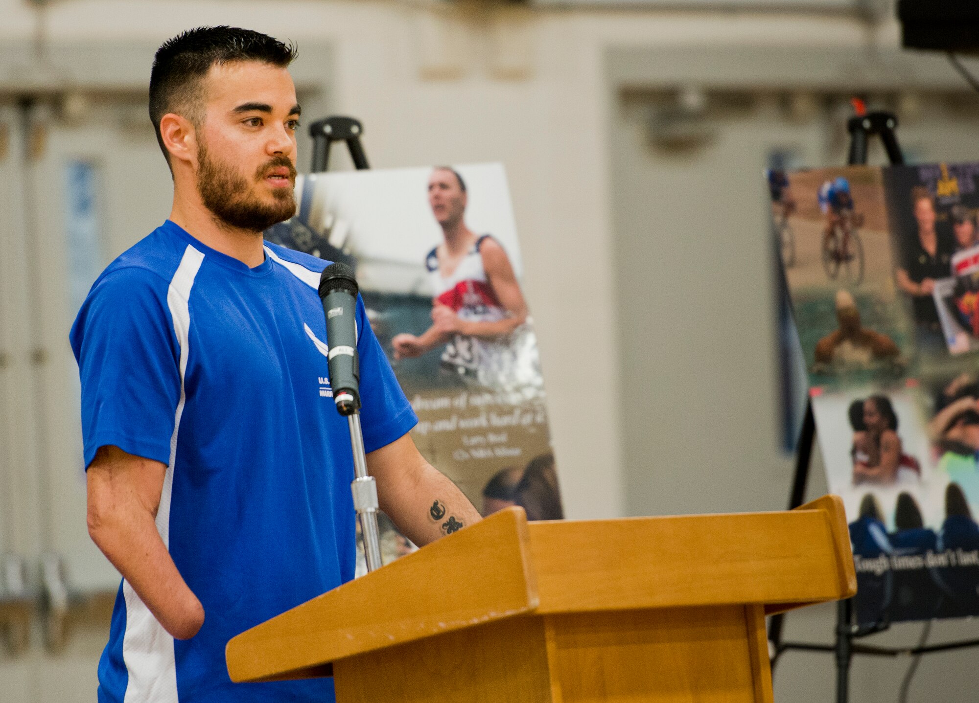 Daniel Crane, a former security forces Airman, speaks to the more than 50 athletes and mentors at the opening ceremony of the Air Force introductory adaptive sports and rehabilitation camp at Eglin Air Force Base, Fla., April 13. The DOD’s military adaptive sports program enhances warrior recovery by engaging wounded, ill and injured service members in ongoing, daily adaptive activities, based on their interest and ability. This is the first event of the type to be held at Eglin. (U.S. Air Force photo/Samuel King Jr.)
