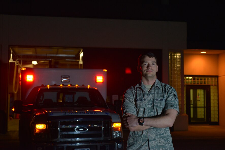 Senior Airman Paul Hukriede, 5th Medical Operations Squadron medical technician, poses for a portrait on Minot Air Force Base, N.D., April 8, 2015. Ambulance services provide 24-hour emergency coverage seven days a week to the entire base population. (U.S. Air Force photo/Senior Airman Malia Jenkins)