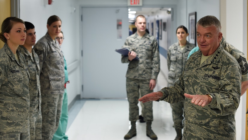 Lt. Gen. Thomas Travis, United States Air Force Surgeon General, visits the 79th Medical Wing during a site visit at Joint Base Andrews, Md., April 7, 2015. In this capacity, Travis advises the Secretary of the Air Force, Air Force Chief of Staff and Assistant Secretary of Defense for Health Affairs on aspects pertaining to the health of Air Force members. (U.S. Air Force photo/Airman 1st Class Ryan J. Sonnier)