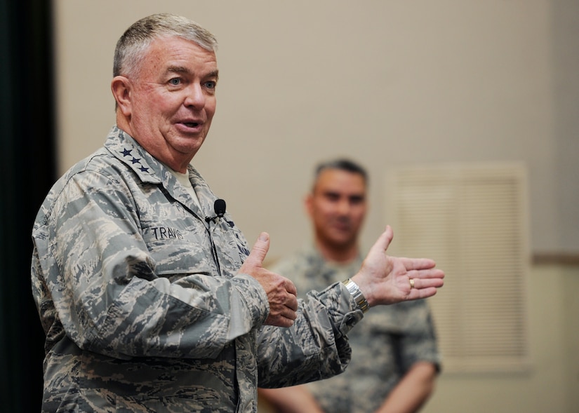 Lt. Gen. Thomas Travis, United States Air Force Surgeon General, talks to Airmen during an all call at Joint Base Andrews, Md., April 7, 2015. In this capacity, Travis advises the Secretary of the Air Force, Air Force Chief of Staff and Assistant Secretary of Defense for Health Affairs on aspects pertaining to the health of Air Force members. (U.S. Air Force photo/Airman 1st Class Ryan J. Sonnier)