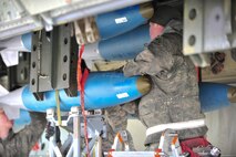 Members from the 5th Aircraft Maintenance Squadron load weapons onto a B-52H Stratofortress on Minot Air Force Base, N.D., April 8, 2015. The 5th AMXS weapons load section is responsible for ensuring the reliability and safe handling of all explosive devices or countermeasures loaded on the B-52H Stratofortress. (U.S. Air Force photo/Senior Airman Malia Jenkins)