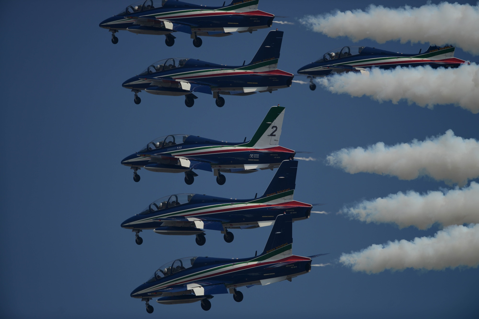 The Frecce Tricolori, an Italian air force aerobatics team, practices flying formations, April 10, 2015, at Aviano Air base, Italy. The aerobatic team is comprised of 10 Aermacchi MB-339 aircraft, which are based at Rivolto air force base, in the north-eastern Italian region of Friuli-Venezia Giulia, providence of Udine. (U.S. Air Force photo by Staff Sgt. Evelyn Chavez/Released)
