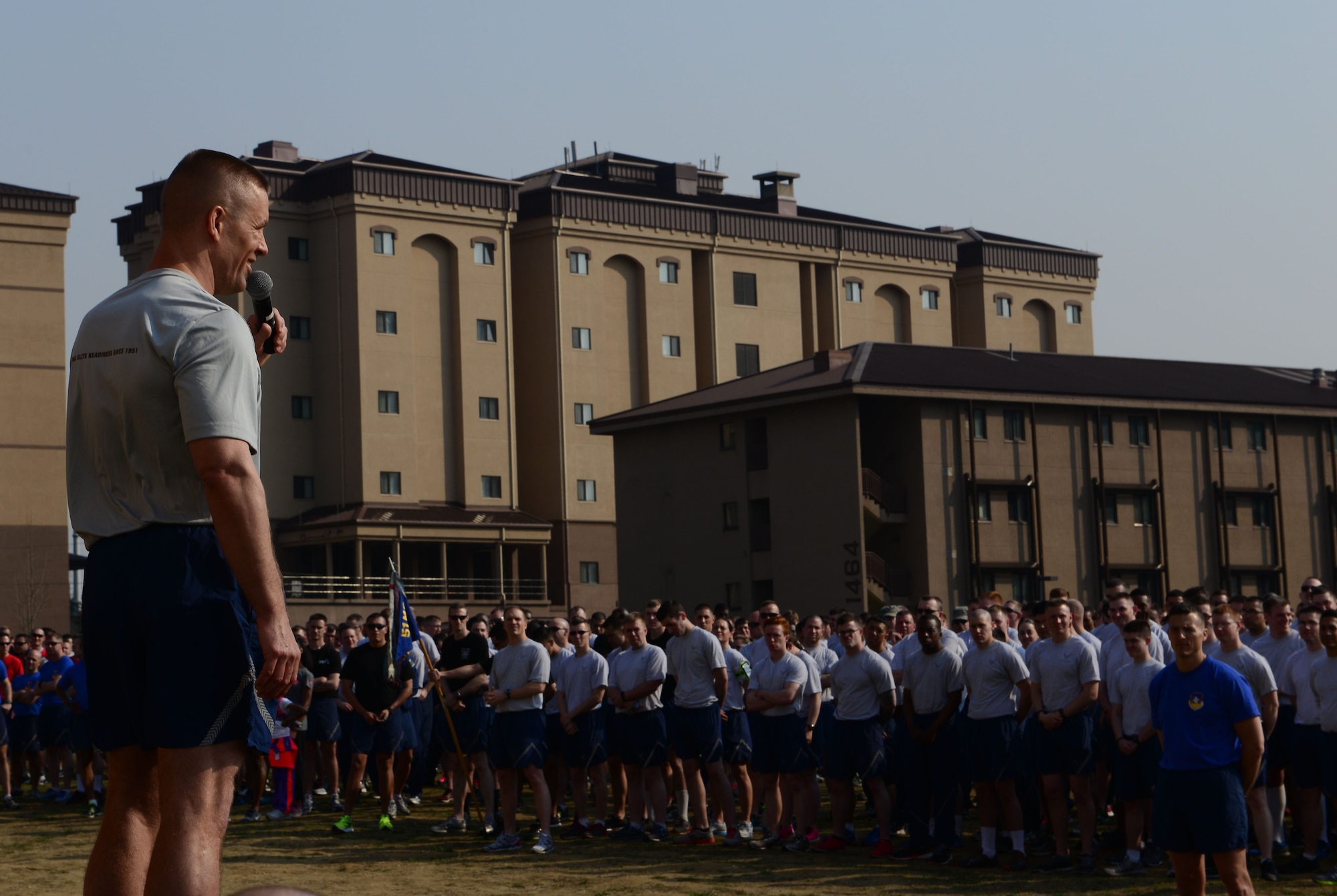 Col. Brook Leonard, 51st Fighter Wing commander, speaks to Team Osan at the 51 days of resiliency run April 10, 2015, at Osan Air Base, Republic of Korea. The run was open to the entirety of Team Osan, and marked the beginning of the 51 days of resiliency. (U.S. Air Force photo by Staff Sgt. Benjamin Sutton/Released)  