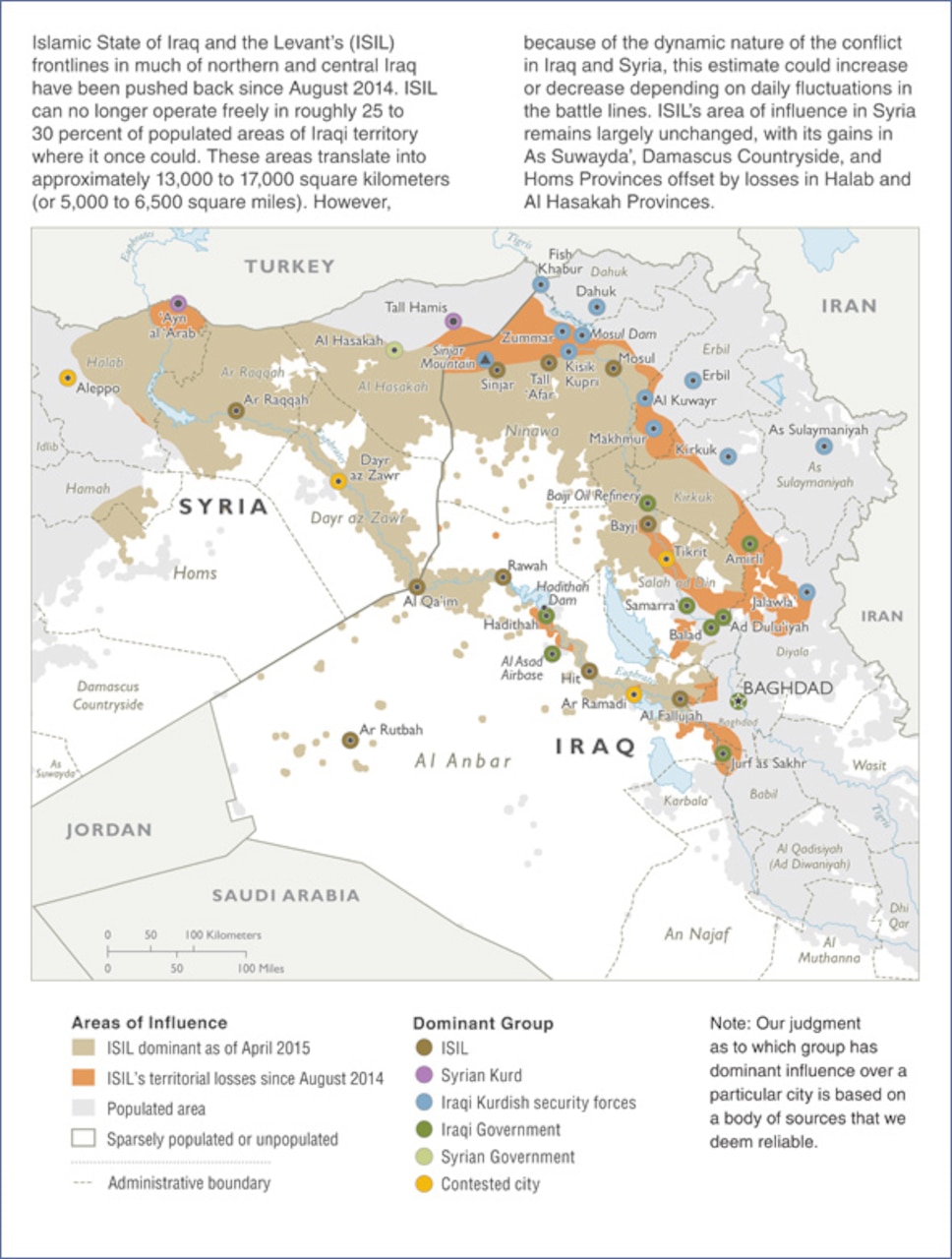 The Islamic State of Iraq and the Levant’s reduced operating areas in Iraq and Syria as of April 2015. DoD photo