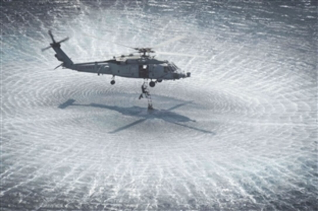 A member of Explosive Ordnance Disposal Platoon 621 is hoisted by an HH-60H Seahawk helicopter assigned to the Dragonslayers of Helicopter Antisubmarine Squadron 11 during a mine disposal exercise in the U.S. 5th Fleet area of responsibility, April 12, 2015. 